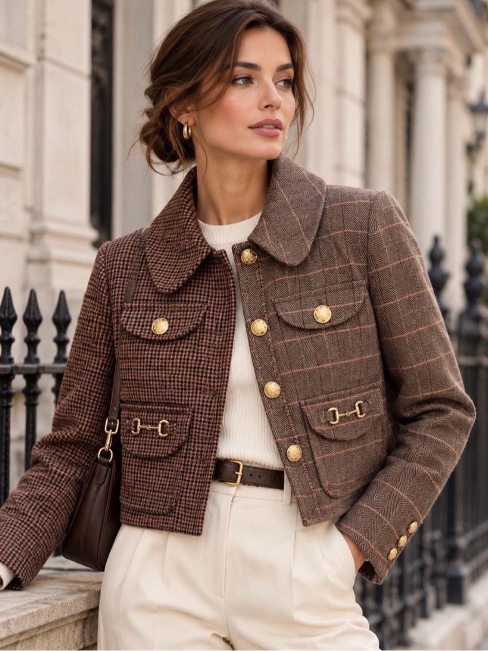 Avec Les Filles Mixed Plaid Houndstooth Cropped Equestrian Jacket Small NWT Gold